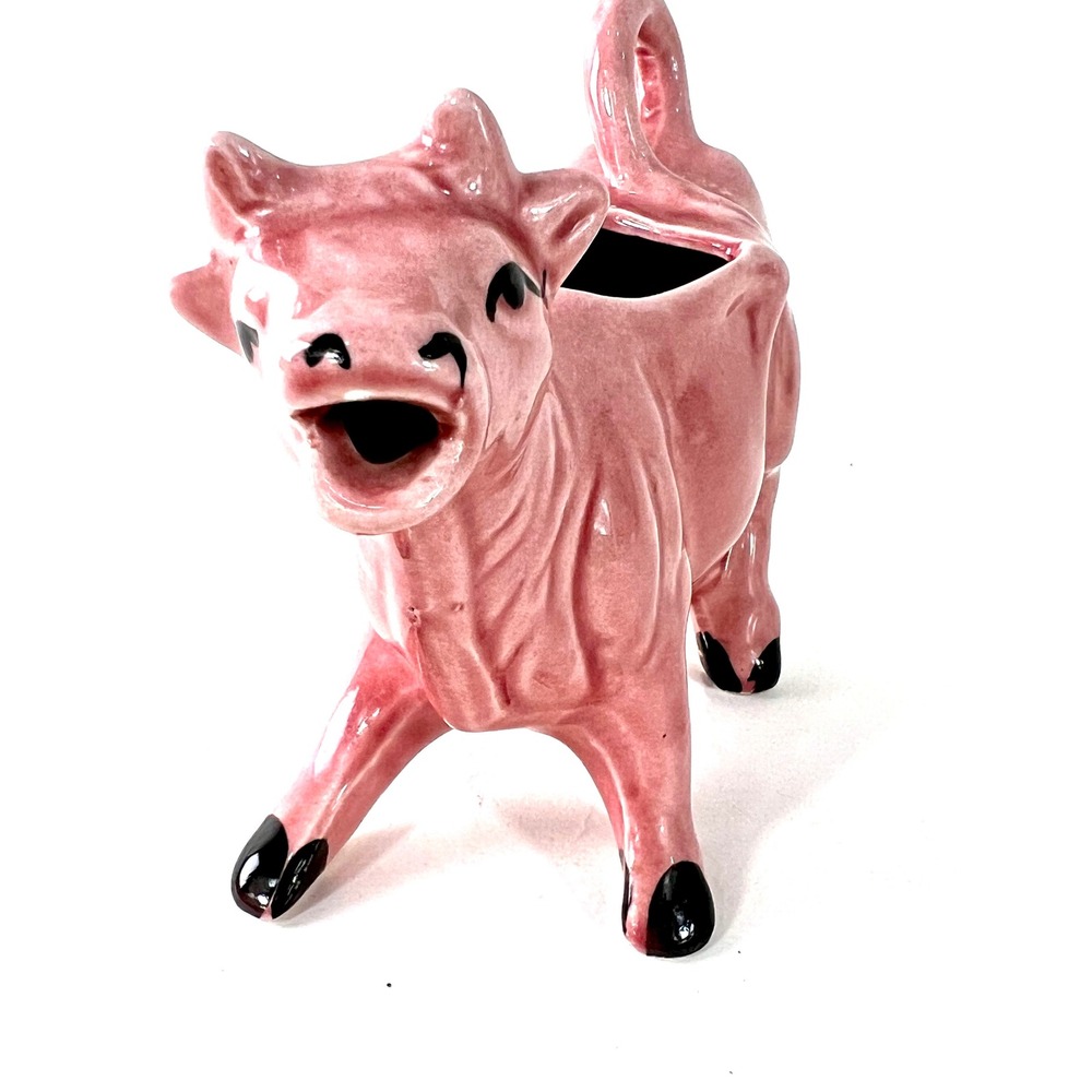 Vintage Pink Ceramic Cow Creamer Pitcher Farmhouse Kitchen Decor Figurine 7 Inch